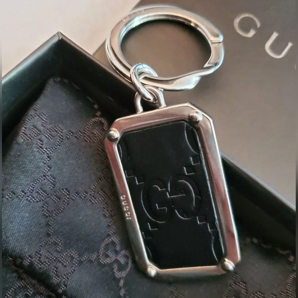GUCCI Key Ring Shima Dark Brown Leather & Silver Metal Men's Keychain Bag Charm